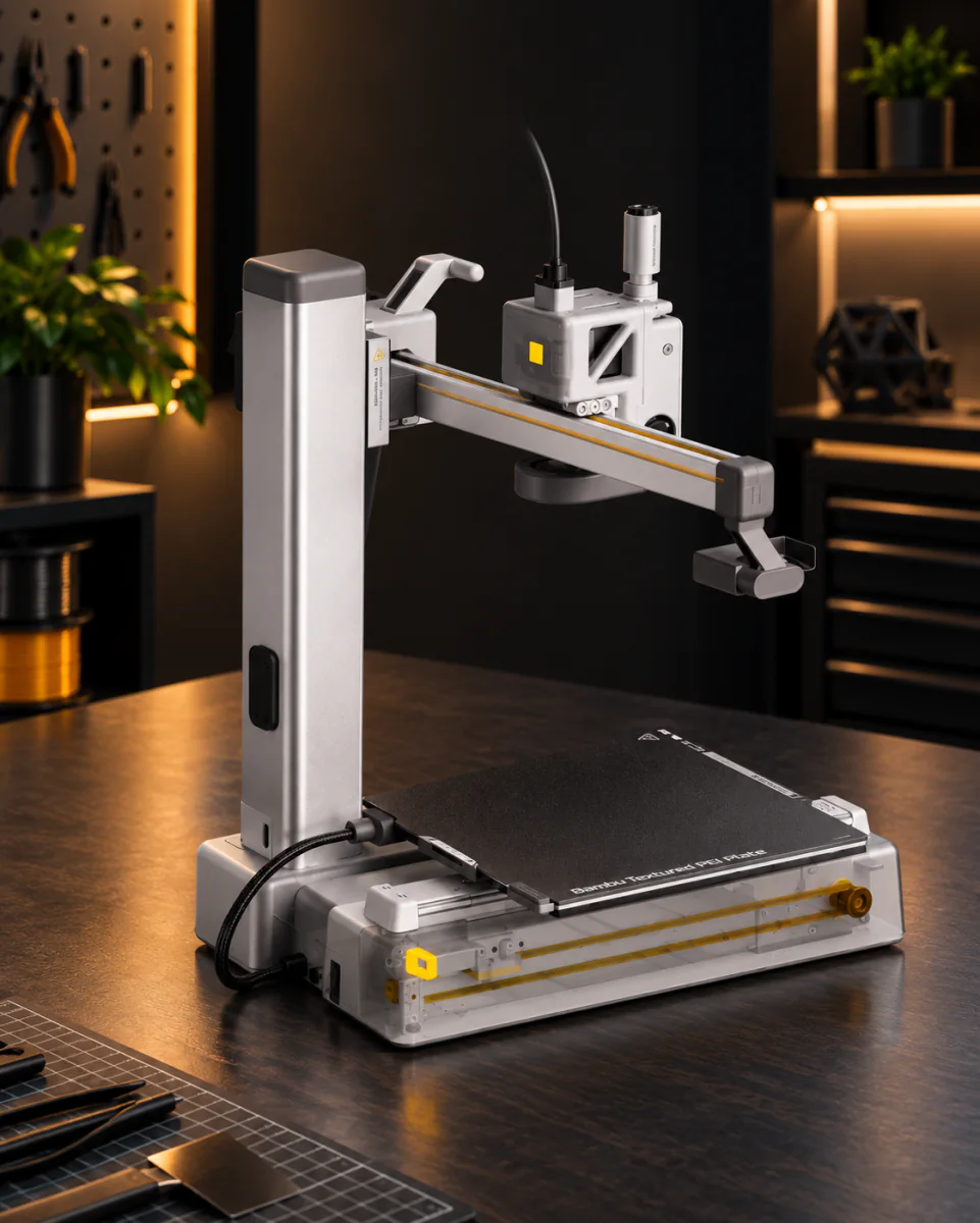 Bambu Lab A1 Mini toolhead, gantry arm and build plate, side view