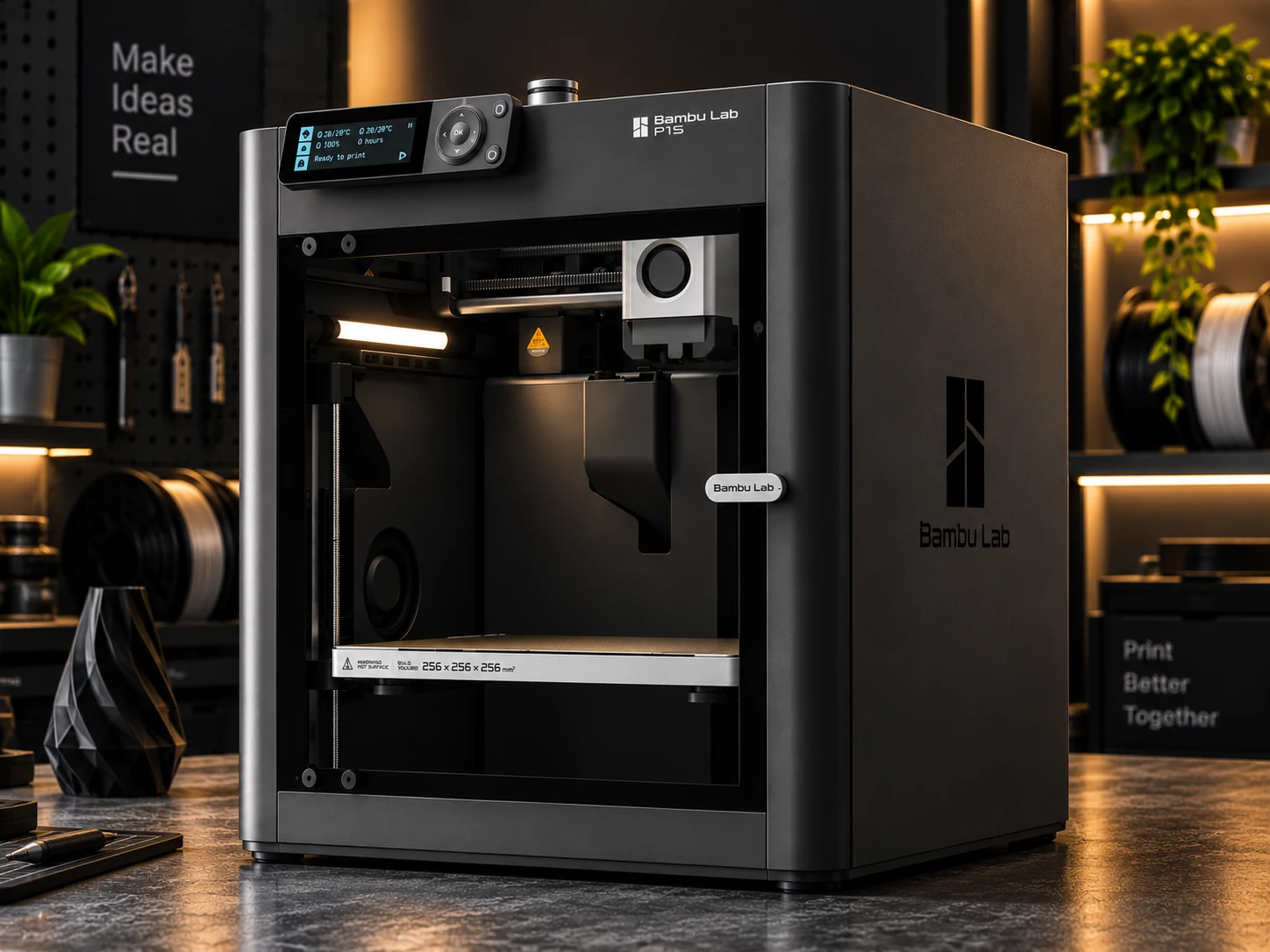 Bambu Lab P1S enclosed printer seen from the left side