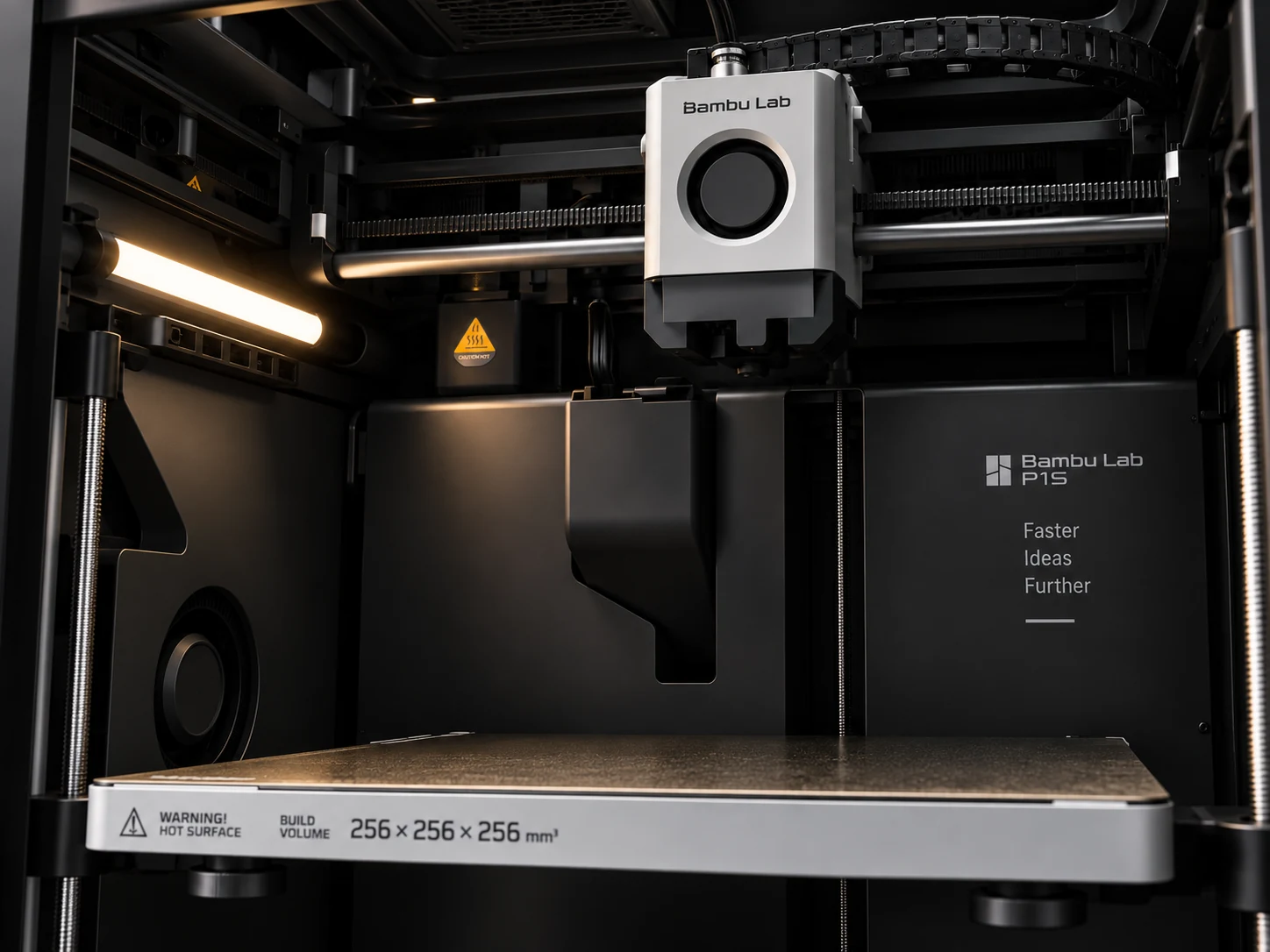 Inside the Bambu Lab P1S: toolhead above the 256 × 256 × 256 mm build plate